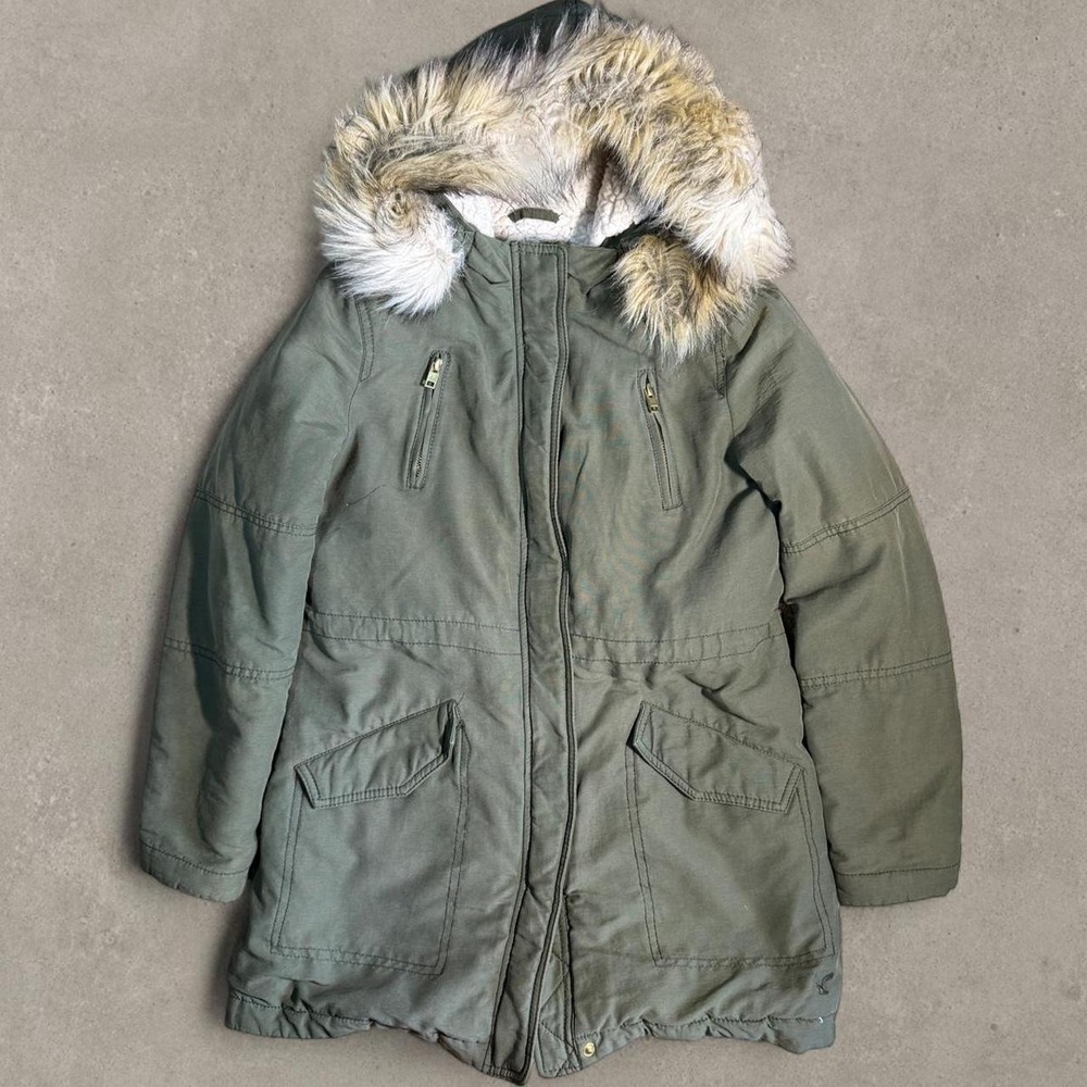 Vintage American Eagle Olive Green Fur Trim Parka Jacket Y2K S